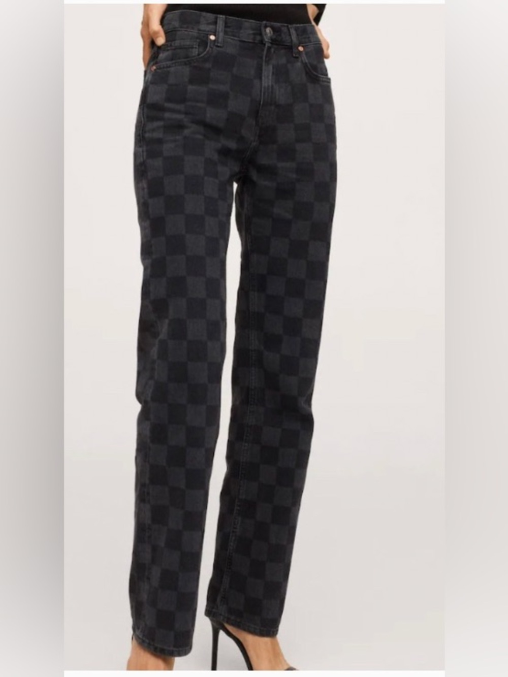 Mango Black & Gray Denim Checkered Pants